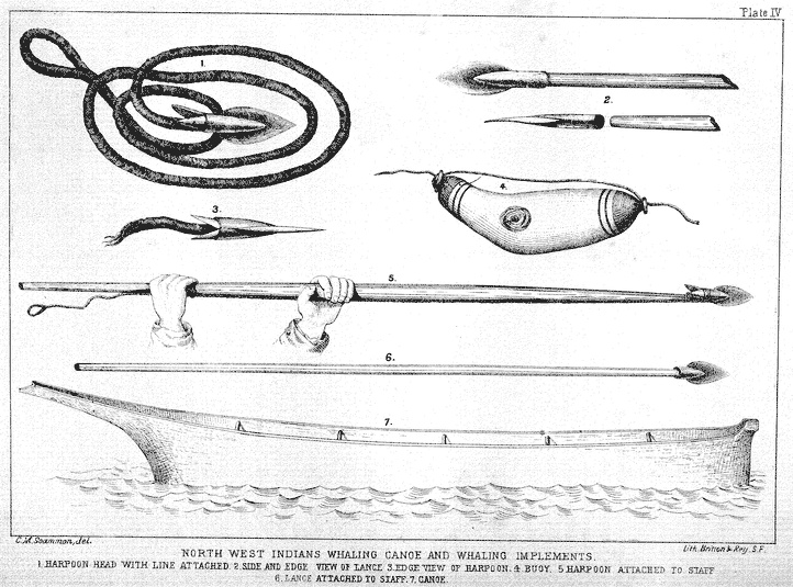 Scammon - Plate IV: North West Indians Whaling Canoe and Whaling Implements - Harpoon Head with Line Attached 2 Side and Edge View of Lance 3 Edge View of Harpoon 4 Buoy. 5. Harpoon Attached to Staff 6 Lance Attached to Staff 7 Canoe