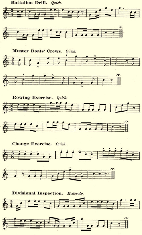 Battalion Drill. Quick. Muster Boat's Crews. Quick. Rowing Exercise. Quick. Change Exercise. Quick. Divisional Inspection. Moderato.